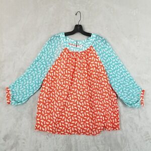 Boden Blouse Women 14 Orange‎ Blue Chiffon Sylvie Sheer Lined 3/4 Sleeve Keyhole